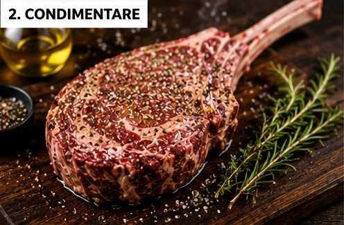Tomahawk de vită Choco condimentat cu sare grunjoasă, piper, ulei de măsline și rozmarin