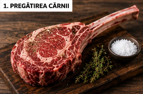 Tomahawk de vită Choco pregătit pentru gătire la grătar, cu sare, piper și ierburi aromatice