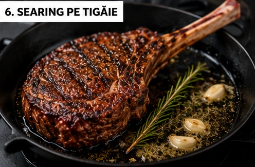 Tomahawk de vită Choco rumenit în tigaie de fontă cu unt, usturoi și rozmarin