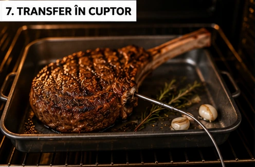 Tomahawk de vită Choco transferat la cuptor după rumenirea în tigaie